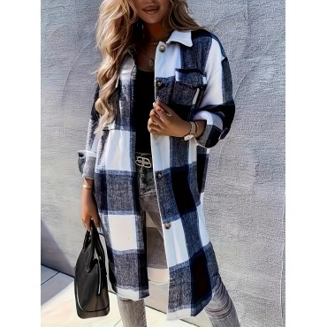 Plaid Print Long Length Jacket, Casual Button Front Flap Pockets Outwear, Women's Clothing