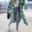 Plaid Print Long Length Jacket, Casual Button Front Flap Pockets Outwear, Women's Clothing