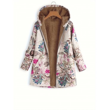 Floral Hooded Fall & Winter Jacket, Casual Open Front Long Sleeve Outerwear, Women's Clothing