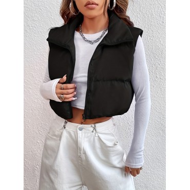 Zip Up Cropped Vest Coat, Casual Solid Sleeveless Stand Collar Outerwear, Women's Clothing