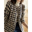 Plaid Pattern Jacket, Elegant Crew Neck Open Front Long Sleeve Outerwear, Women's Clothing