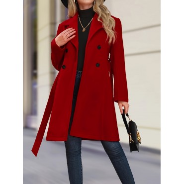 Solid Double Breasted Bea Coat , Elegant Long Sleeve Outwear For Fall & Winter, Women's Clothing