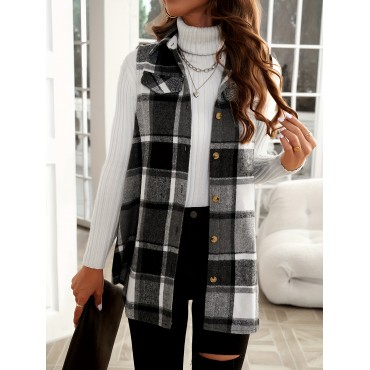 Plaid Pattern Sleeveless Vest, Casual Button Front Vest, Women's Clothing