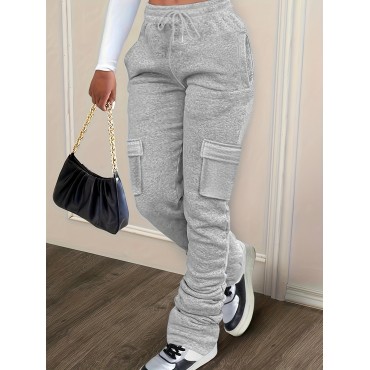 Drawstring Draped Pants, Casual Solid Long Length Pants With Pockets, Women's Clothing