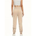 Ruched Solid Cargo Pants, Elegant High Waist Drawstring Pants With Pockets, Women's Clothing