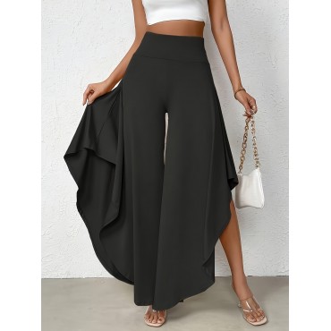 Ruffle Trim Wide Leg Split Pants, Casual Loose Pants For Spring & Summer, Women's Clothing