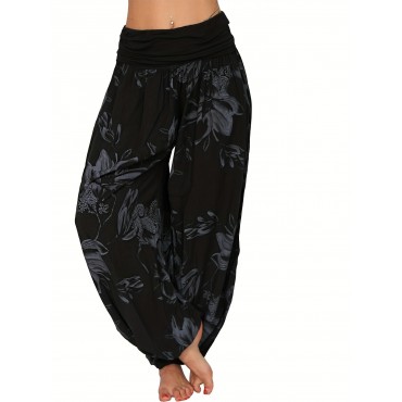 Boho Floral Print Pants, High Waist Summer Vacation Baggy Harem Pants, Women's Clothing