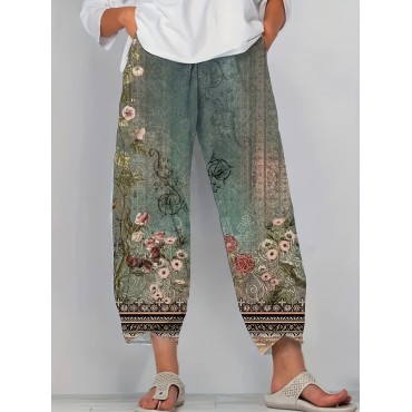 Floral Print Elastic Waist Pants, Casual Wide Leg Cropped Pants, Women's Clothing