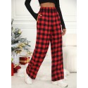 Plaid Print Wide Leg Pants, Casual Elastic Waist Slant Pocket Pants, Women's Clothing