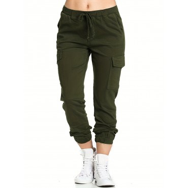 Y2K Solid Drawstring Cargo Pants, Casual Elastic Waist Long Length Pants With Pockets, Women's Clothing