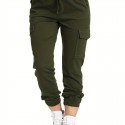 Y2K Solid Drawstring Cargo Pants, Casual Elastic Waist Long Length Pants With Pockets, Women's Clothing