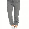 Y2K Solid Drawstring Cargo Pants, Casual Elastic Waist Long Length Pants With Pockets, Women's Clothing