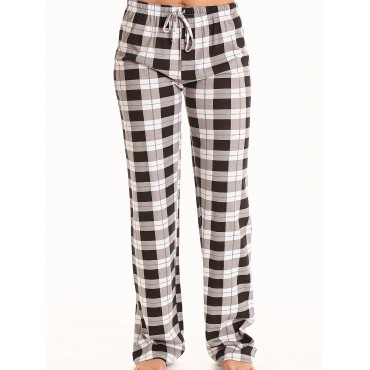 Plaid Pattern Drawstring Pants, Casual Wide Leg Pants, Women's Clothing