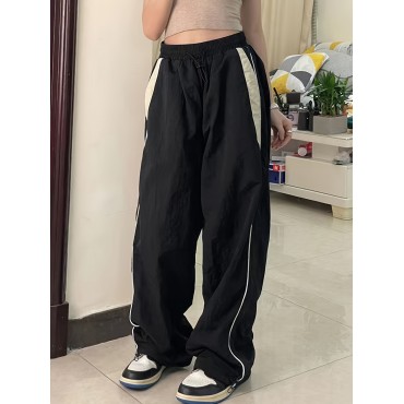 Color Block Cargo Pants, Y2K Drawstring Elastic Waist Wide Leg Pants, Women's Clothing