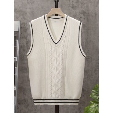 Casual Sleeveless V-Neck Sweaters, Men's Cable Knit Vest