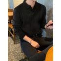 Chic Knit Shirt, Men's Casual Stylish Lapel Middle Stretch V-Neck Pullover Sweater For Winter Autumn