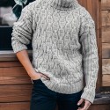 Turtle Neck Knitted Sweater, Men's Casual Warm Solid Mid Stretch Pullover Sweater For Fall Winter