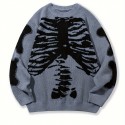 Skeleton Pattern Knitted Sweater, Men's Casual Warm Mid Stretch Crew Neck Pullover Sweater For Men Fall Winter