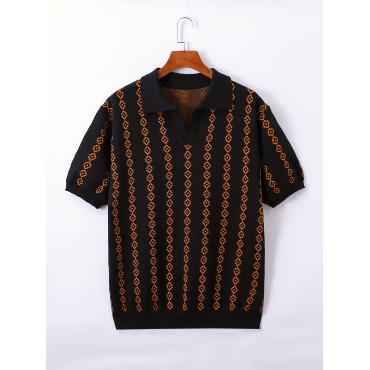 Ethnic Pattern Chic Knit Shirt, Men's Casual Lapel Slightly Stretch V-Neck Pullover Sweater For Men Winter Fall