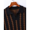 Ethnic Pattern Chic Knit Shirt, Men's Casual Lapel Slightly Stretch V-Neck Pullover Sweater For Men Winter Fall