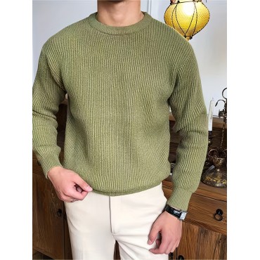 Warm Texture Knitted Sweater, Men's Casual Solid Color Slightly Stretch Round Neck Pullover Sweater For Fall Winter