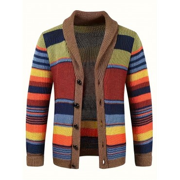 Elegant Retro Button Up Slightly Stretch Cardigan Jacket, Men's Casual Color Block Vintage Style V Neck Sweater Cardigan Coat For Fall Winter