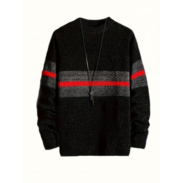 Men's Stylish Stripe Pattern Knitted Pullover, Casual Breathable Long Sleeve Crew Neck Top For City Walk Street Hanging Outdoor Activities