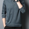 Fake Two-piece Design Preppy Chic Knit Shirt, Men's Casual Lapel Mid Stretch V-Neck Pullover Sweater For Men Winter Fall