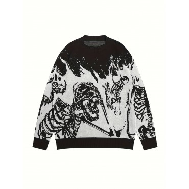 Y2K Long Sleeve Sweater, Loose Casual Sweater Skull Pattern Knitted Sweater, Men's Warm Slightly Stretch Crew Neck Pullover Sweater For Men Fall Winter