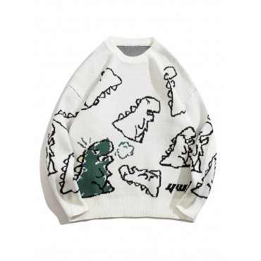 Cartoon Dinosaur Pattern Knitted Sweater, Men's Casual Warm Slightly Stretch Crew Neck Pullover Sweater For Men Fall Winter