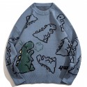 Cartoon Dinosaur Pattern Knitted Sweater, Men's Casual Warm Slightly Stretch Crew Neck Pullover Sweater For Men Fall Winter