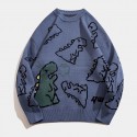 Cartoon Dinosaur Pattern Knitted Sweater, Men's Casual Warm Slightly Stretch Crew Neck Pullover Sweater For Men Fall Winter