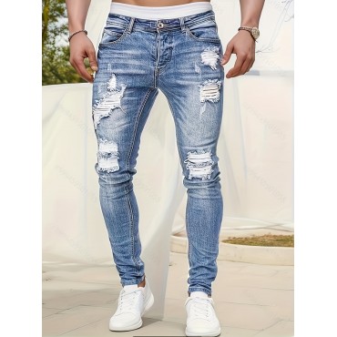 Slim Fit Ripped Jeans, Men's Casual Street Style Distressed Medium Stretch Denim Pants