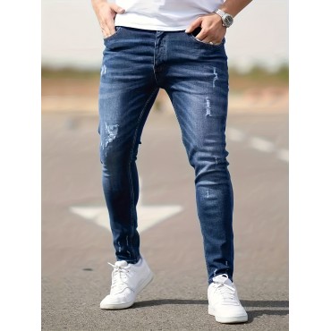 Chic Skinny Ripped Jeans, Men's Casual Street Style Medium Stretch Jeans