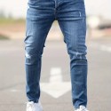 Ripped Design Cotton Slim Fit Jeans, Men's Casual Street Style Leg Mid Stretch Denim Pants For Spring Summer