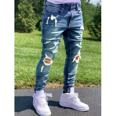 Chic Ripped Slim Fit Jeans, Men's Casual Street Style Stretch Jeans