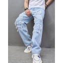 Men's Straight Leg Jeans, Casual Street Style Raw Trim Denim Pants With Pockets