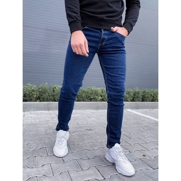 Slim Fit Straight Leg Cotton Jeans, Men's Casual Street Style Solid Color Slightly Stretch Denim Pants For Spring Summer