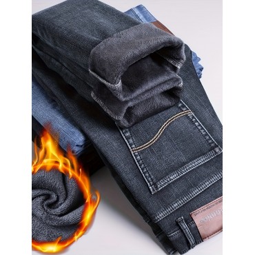 Men's Trendy Plush Lined Jeans Men's Denim Pants Streetwear Classic Jeans For Winter Fall