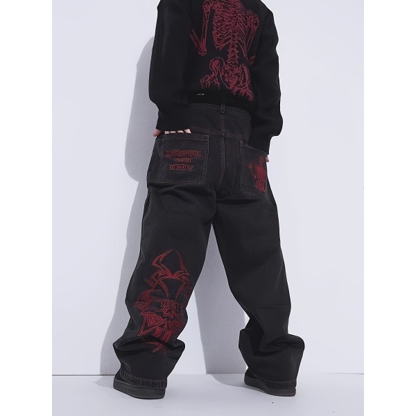 Men's Skeleton Embroidery Jeans, Casual Street Style Loose Fit Jeans, Halloween Gift