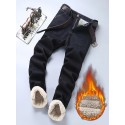 Men's Stylish Comfy Fleece Solid Denim Trousers With Pockets, Causal Breathable Slim-fit Jeans For City Walk Street Hanging Outdoor Activities