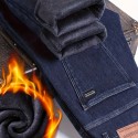 Men's Classic Design Warm Thick Jeans, Semi-formal Stretch Jeans For Fall Winter Business