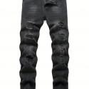 Men's Regular Ripped Jeans, Casual Street Style Distressed Denim Pants