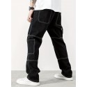 Men's Casual Contrast Stitching Jeans, Street Style Multi Pocket Straight Leg Jeans