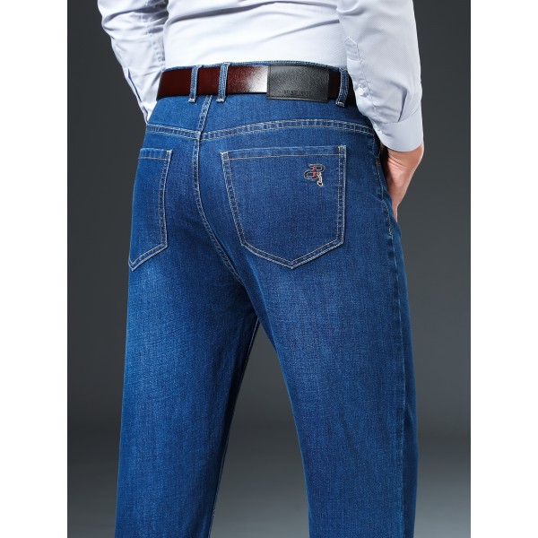 Men's Stylish Comfy Solid Fleece Denim Trousers With Pockets, Causal Breathable Slim-fit Jeans For City Walk Street Hanging Outdoor Activities