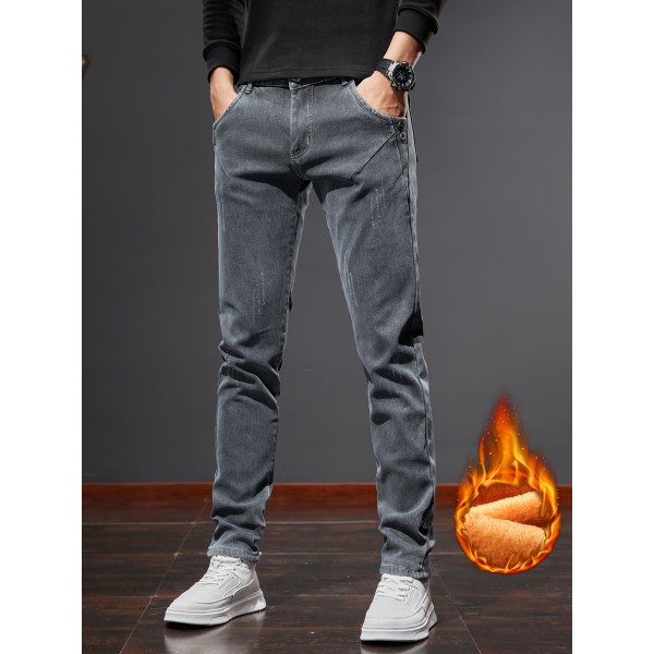 Men's Casual Warm Fleece Jeans For Fall Winter Business