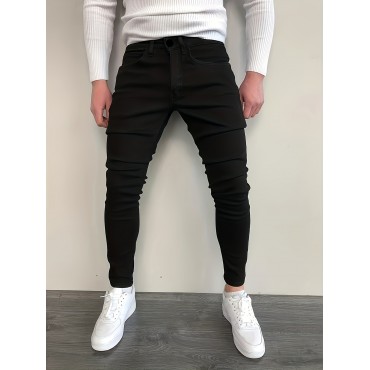 Slim Fit Cotton Jeans, Men's Casual Street Style Solid Color Classic Design Mid Stretch Denim Pants For Spring Summer