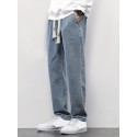 Men's Trendy Loose Jeans, Casual Comfy Breathable Straight Leg Drawstring Trousers For Outdoor Autumn