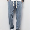 Men's Trendy Loose Jeans, Casual Comfy Breathable Straight Leg Drawstring Trousers For Outdoor Autumn