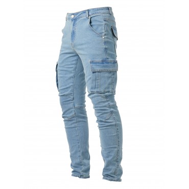 Slim Fit Multi Pocket Jeans, Men's Casual Street Style Medium Stretch Denim Cargo Pants